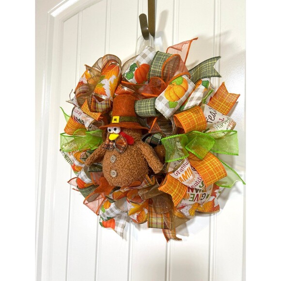 13 inch Ribbon Wreath Fall Autumn Thanksgiving Turkey MW7 - Picture 2 of 8